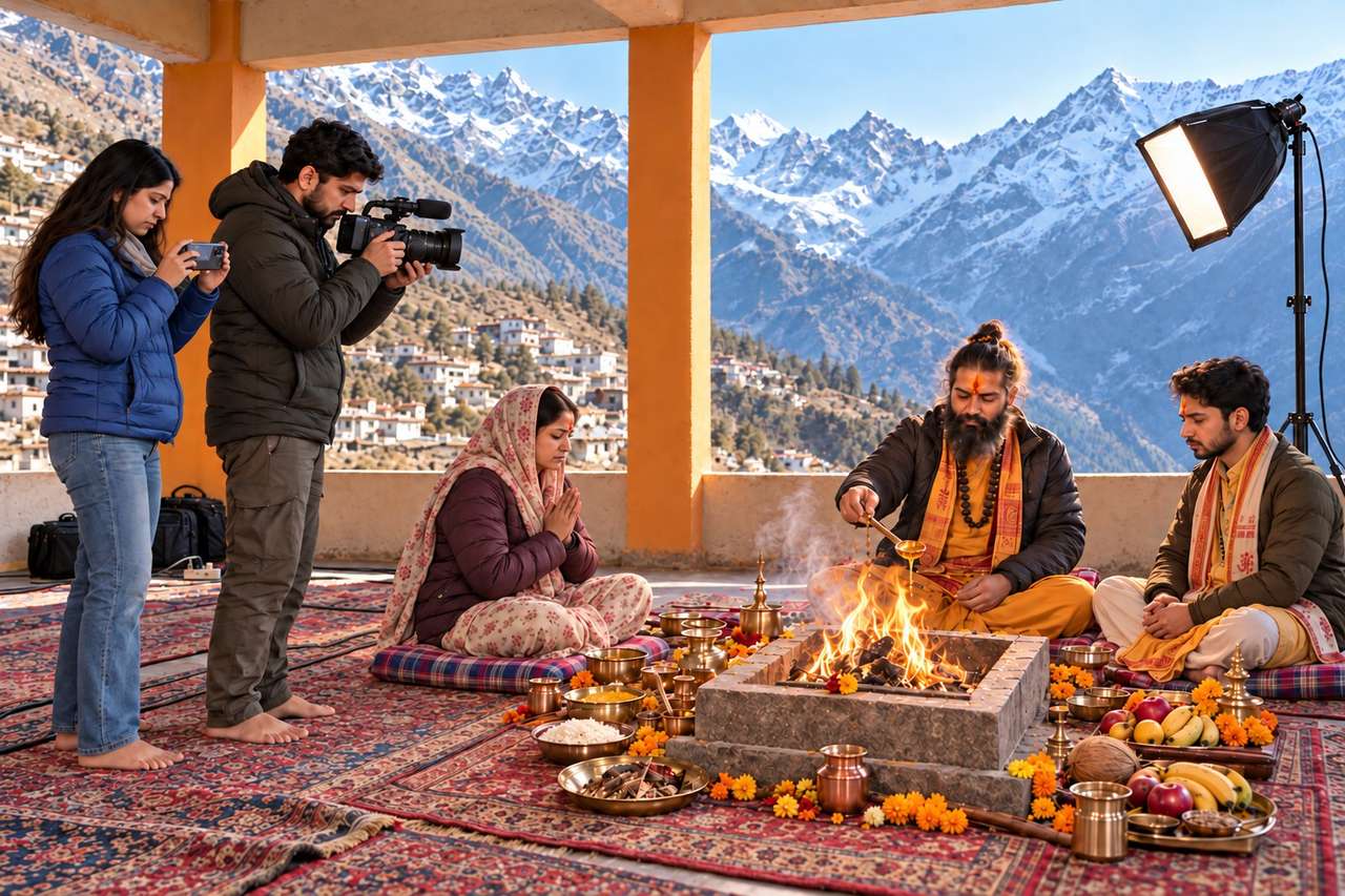 Beneath snowy peaks, the Hello Fraands crew films a havan at a mountain temple while a family prays near the pujari.